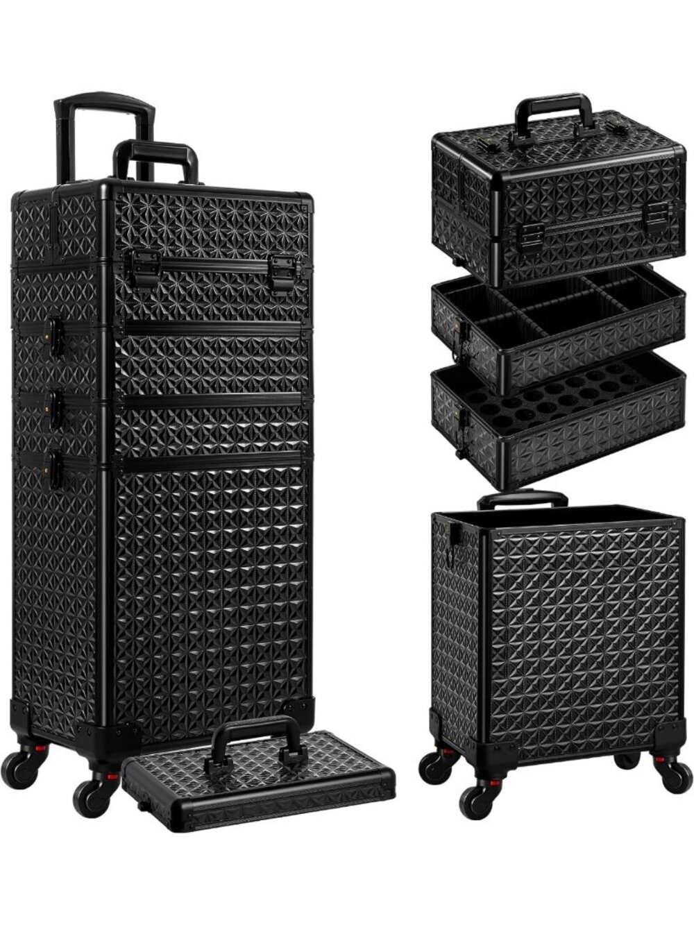 5-in-1 Rolling Makeup Train Case with Lid, Portable Cosmetology Case on Wheels